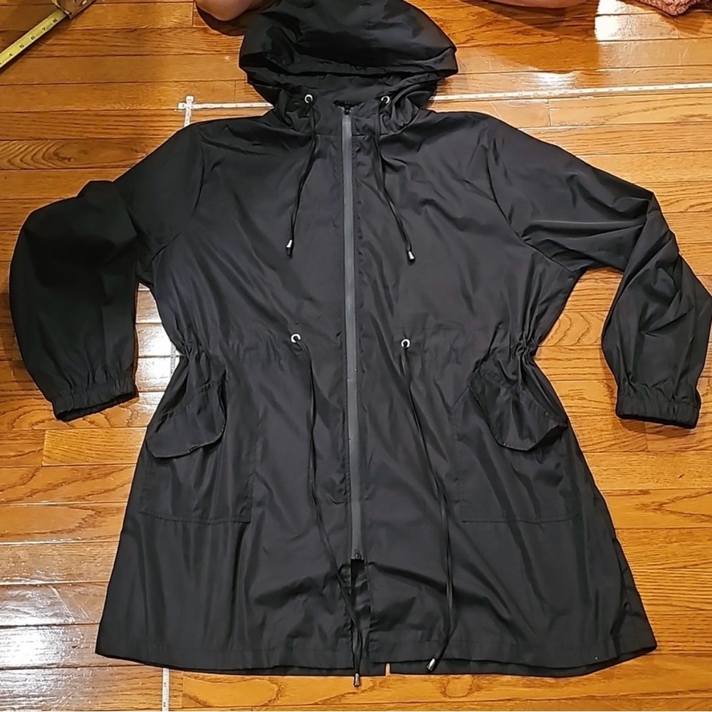 Black Hooded Rain Jacket with Drawcord Waist